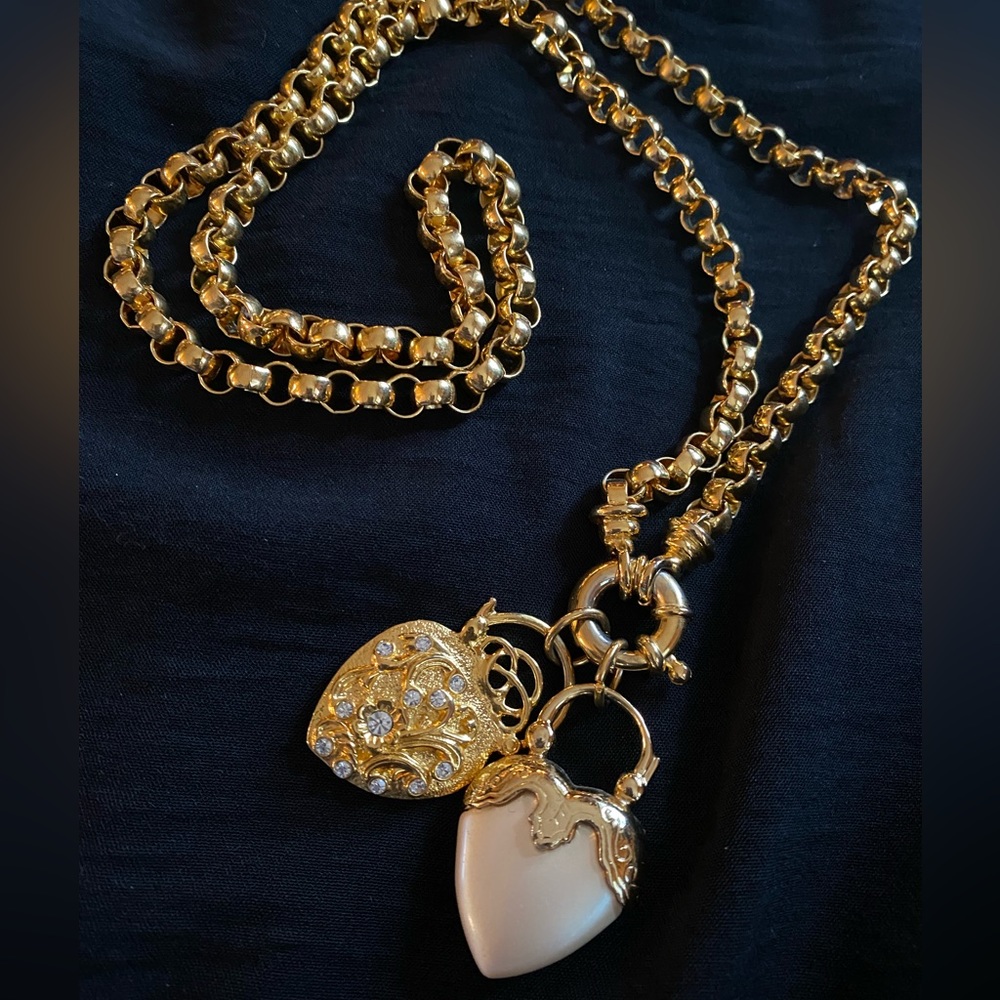 Vintage Joan Rivers Puffy Heart Pendants Gold Tone 30” Signed Necklace 2 Charms